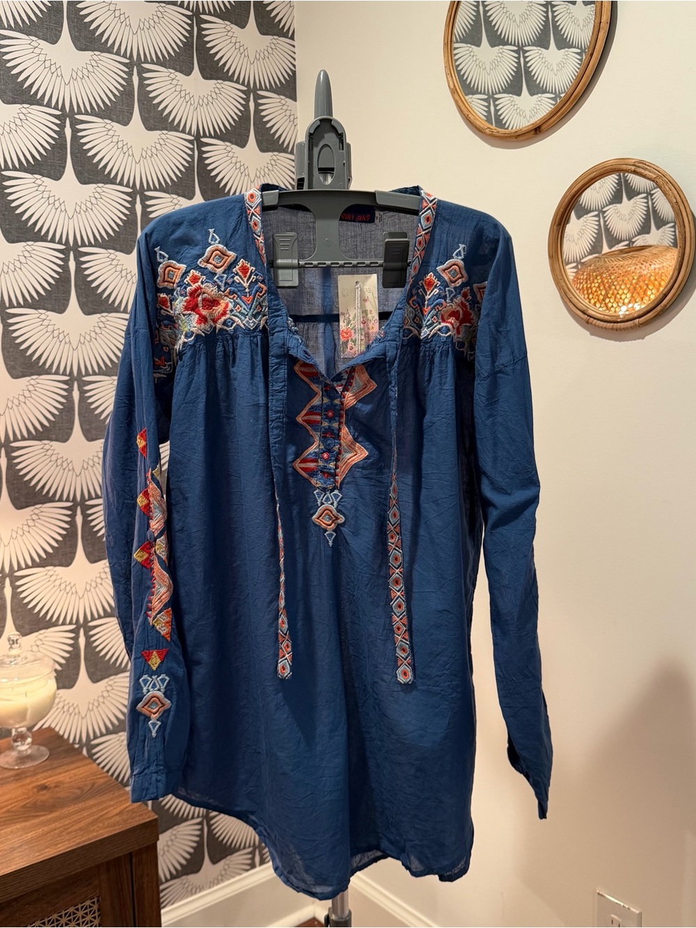 Johnny Was Navy Blue Embroidered V-Neck Tunic